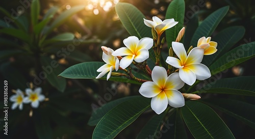 Close-up of Plumeria Flowers with Yellow Centers and Green Leaves