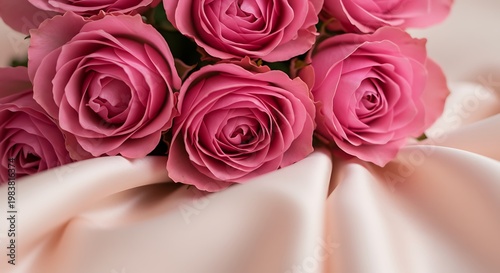 Closeup of Pink Roses Resting on Soft Peach Satin