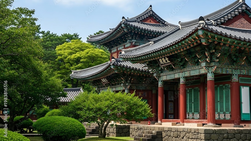 Fototapeta premium Traditional Korean architecture with intricate roof design and lush greenery.