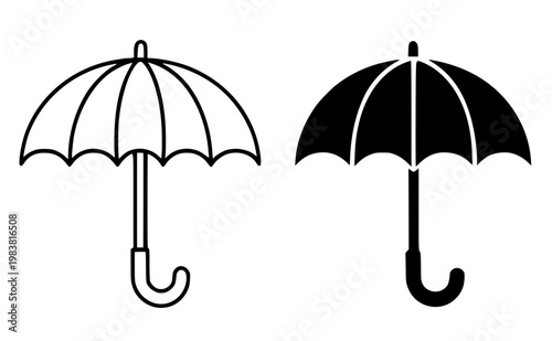 Minimalist umbrella icon, in outline and silhouette design, isolated on transparent background