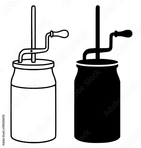 Butter churner minimalist icon, in outline and silhouette design, isolated on transparent background