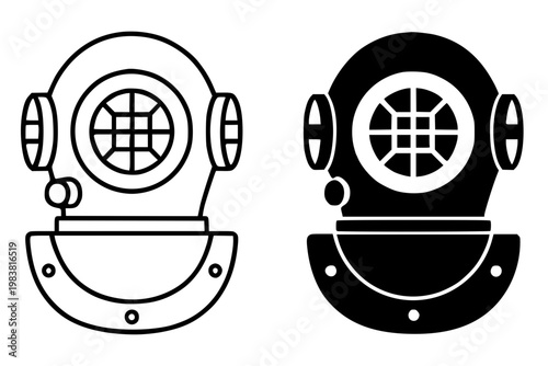Diving helmet minimalist icon, in outline and silhouette design, isolated on transparent background