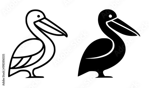 Pelican minimalist icon, in outline and silhouette design, isolated on transparent background