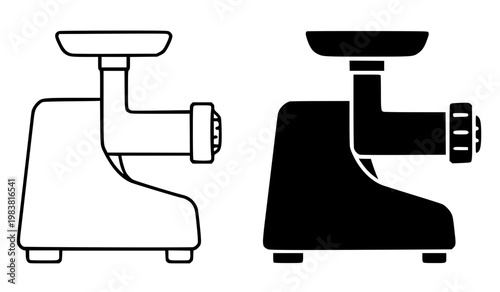 Meat grinder minimalist icon, in outline and silhouette design, isolated on transparent background