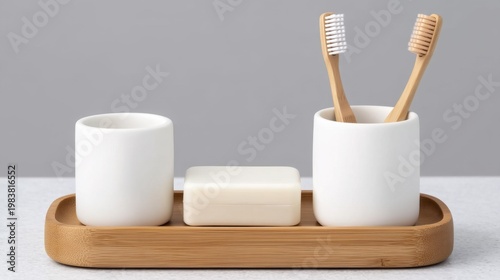Elegant Bamboo Tray Holding Modern Bathroom Accessories with Toothbrushes and Soap