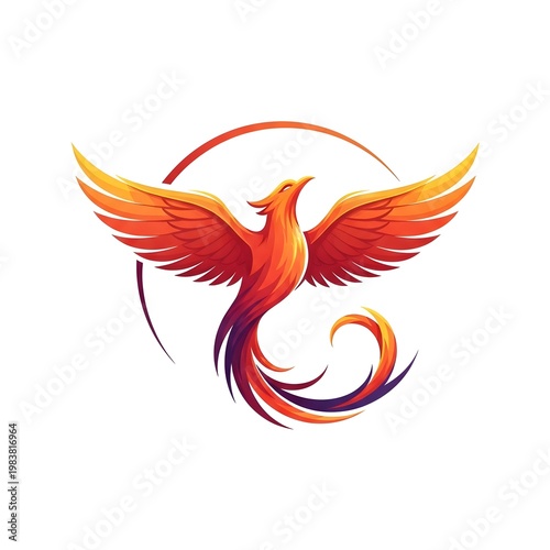 Vibrant Phoenix Bird, Orange Red Illustration, Mythical Creature, Digital Art