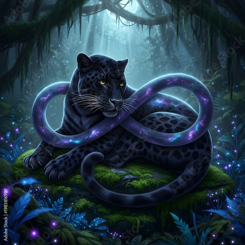 Glowing purple snake wrapped around black leopard, mystical forest scene, neon lights, dark fantasy artwork, mythical creatures