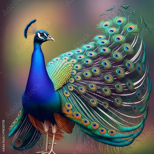 Vibrant peacock, colorful bird, blue and green feathers, peacock display
