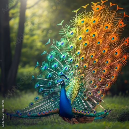 Vibrant peacock, colorful bird, nature photography, wildlife image, peacock display
