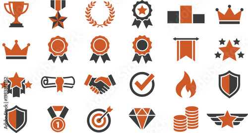 Collection of modern orange and black flat vector icons representing awards achievements success and various business concepts