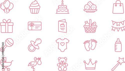 A collection of light pink line art icons featuring celebration, baby shower, and birthday themed graphic elements