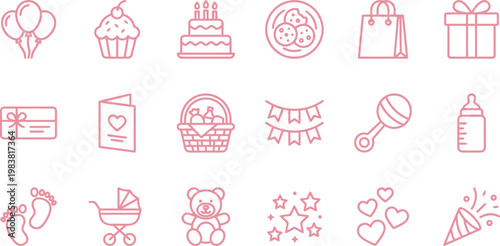 Beautiful pink outline icons illustrating festive celebrations, baby items, thoughtful gifts, and party decorations.