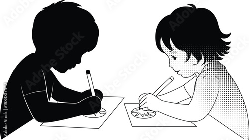 Children drawing at table, silhouette and detailed style contrast, creativity concept, artistic design, education illustration, concentration artwork scene