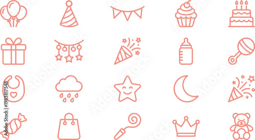 A charming collection of minimalistic celebration, party, and baby-themed line icons, perfect for various festive events and designs.