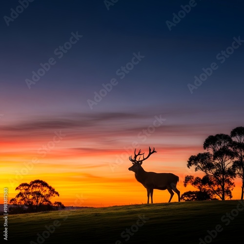 Deer silhouette, sunset landscape, nature scenery, wildlife photography