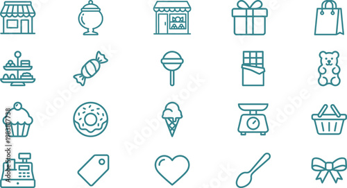 Set of twenty colorful outline icons representing various sweets and confectionery items for a retail candy store
