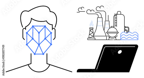 Artificial intelligence, facial recognition, industrial automation, environmental monitoring, digital transformation, cybersecurity. Person with facial recognition pattern, industrial facility