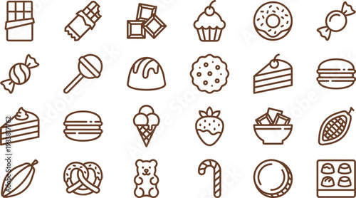 A collection of sweet dessert icons featuring various chocolates candies cakes pastries and delicious sugary treats