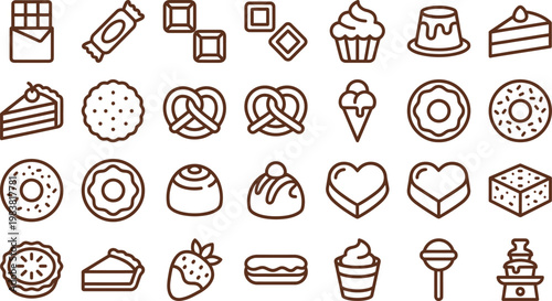 An extensive assortment of delicious candies, cakes, pastries, and sweet desserts in minimalist outline art.