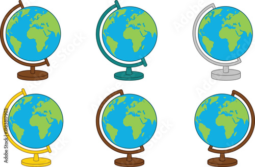 Set of Colorful Globes in Different Stands Representing World Geography and Global Education