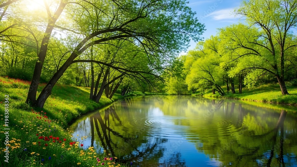 Fototapeta premium Serene River Scene with Lush Greenery and Sunlight.