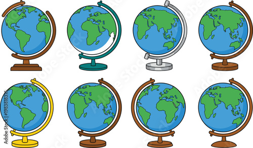 Illustration of Colorful Globe Set with Different Stands Representing World Geography and Global Exploration
