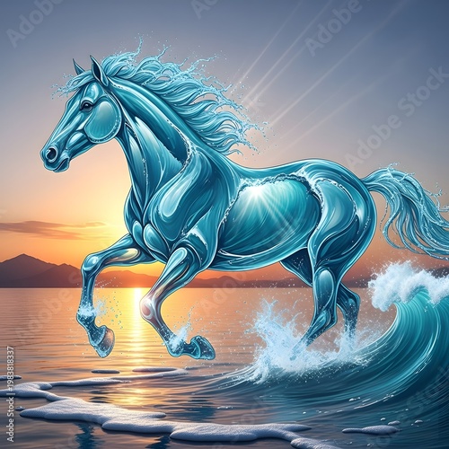 Glowing blue horse, running in water, sunset background, fantasy illustration, mythical creature