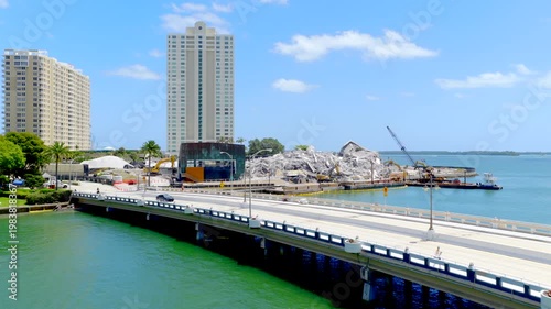 Demolition aftermath Mandarin Oriental Brickell Key. Aerial drone news coverage