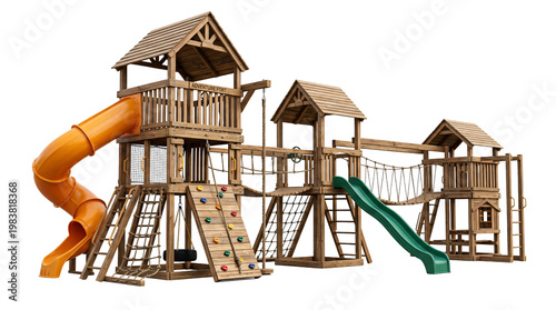 Wooden Playground Structure with Slides and Climbing Walls for Children Outdoor Play Area