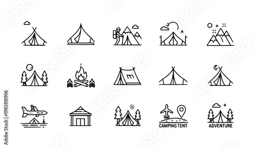 Tent line icons set camping outdoor shelter outline symbols vector illustration
