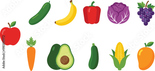 Fresh Fruits and Vegetables Icon Set Featuring Apple, Banana, Avocado, Grapes, Carrot, and Corn