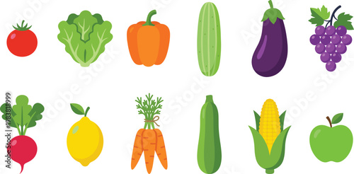 Fresh Vegetables and Fruits Icon Set Featuring Tomato, Carrot, Cucumber, Eggplant, Grapes, and Lettuce