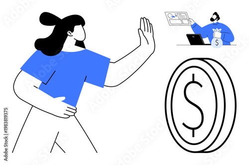 Online security, financial scams, fraud prevention, personal safety, cybersecurity, identity protection. Woman raises hand in refusal toward a scam. Fraud prevention and online security concept