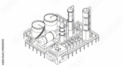Detailed isometric line drawing of an industrial chemical plant with tanks and towers.