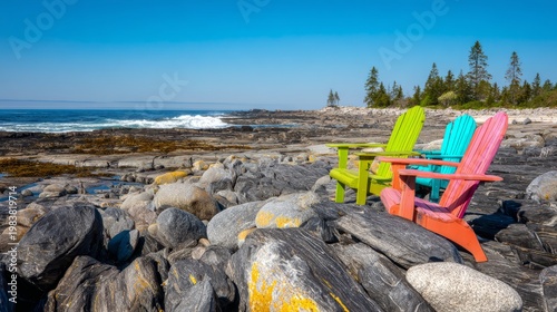 stiffening. Adirondack chairs on sunny beach shoreline, coastal vacation scene with ocean backdrop. tourism brochures.
