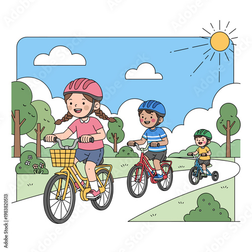 Three happy children of different ages riding bicycles and a tricycle on a sunny day in a park with trees and clouds.