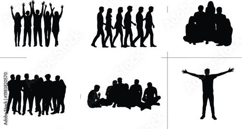 Group and individual silhouettes in four sections, human interaction, celebration, conversation, companionship concept, abstract design illustration artwork