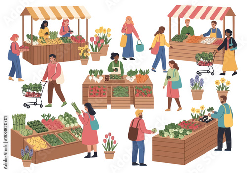 Farmers market atmosphere selling fresh vegetables and fruits 