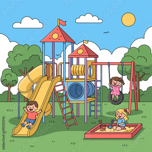 Children joyfully playing on a colorful playground with slides, swings, and a sandbox on a sunny day.