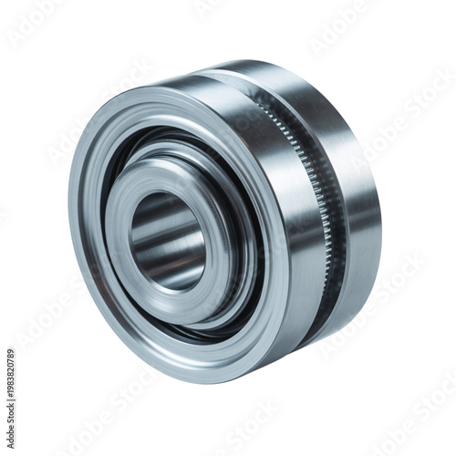 A detailed polished silver metal ball bearing component with internal and external rings