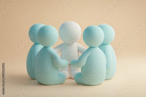 Teal 3D Figurines Huddling Around White Figure Perfect for Support and Inclusion Concepts