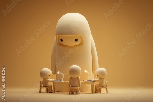 Large Overseer Figure Looming Over Small Characters at Work Table Ideal for Management Concepts