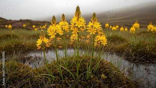 Vibrant Yellow Flowers in a Misty Meadow Landscape.