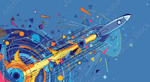 Illustrated rocket ship soaring upward through deep blue space, vibrant colorful trails blazing behind futuristic silver vessel