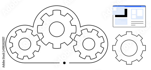 Cloud computing, automation, web services, digital integration, technical support, workflow optimization. Outline image of cloud gears and browser window. Cloud computing and automation concept