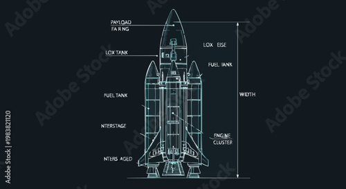 Technical blueprint illustration of a three finned rocket with cylindrical body grid pattern on black background showing precision engineering