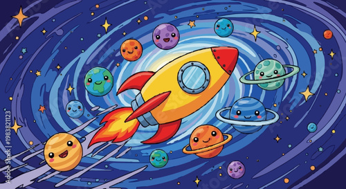 Cartoon rocket zooming past smiling planets and twinkling stars through swirling nebulae in playful outer space illustration