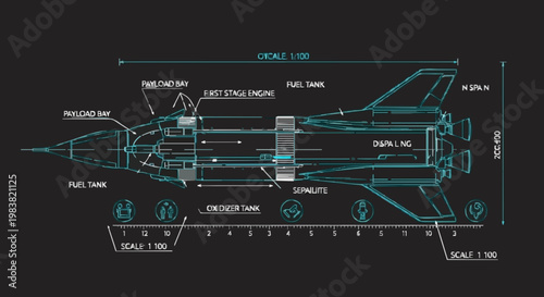 Technical blueprint of futuristic spacecraft with sleek body, pointed nose, cockpit and fin on black background rendered in teal lines