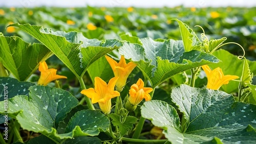 Vibrant Yellow Pumpkin Flowers Blooming in a Lush Green Field.