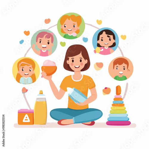 vector babysitter character set, caring for children, playing, feeding, childcare activities, interchangeable poses